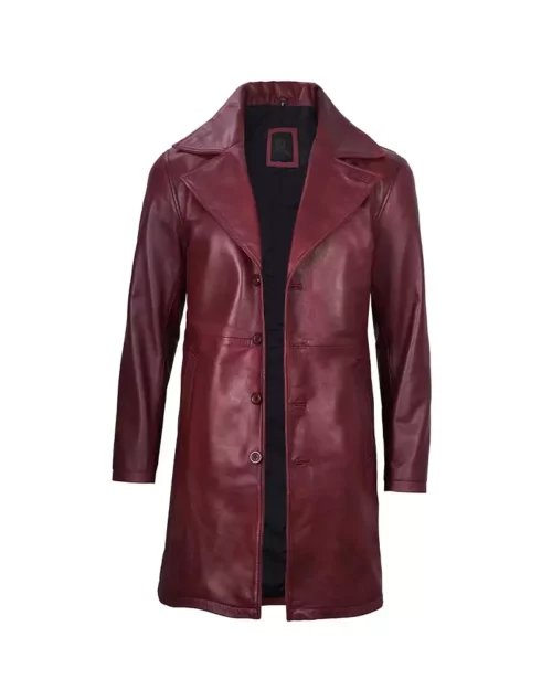 Men's Fashionable Maroon Real Leather Trench Coat