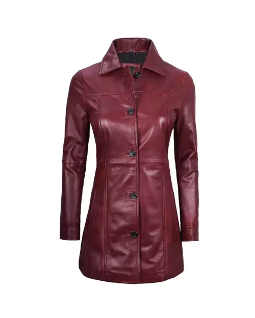 Women's 3 4 Maroon Real Leather Coat