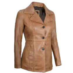 Women’s Fashionable Three Button Camel Brown Real Leather Coat
