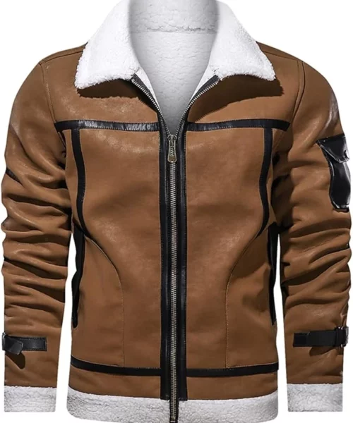 Men’s Brown And White Shearling Bomber Leather Jacket
