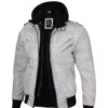Men's Casual Vintage Off White Grey Waxed Leather Jacket With Removable Hood