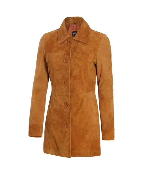 Womens 3/4 Length Brown Suede Leather Coat