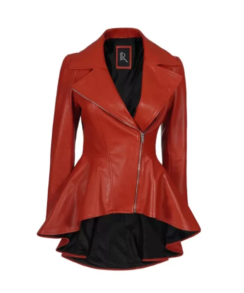 Women's Biker Style Red Asymmetrical Peplum Leather Jacket