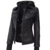Women’s Black Real Leather Bomber Jacket With Removable Hood