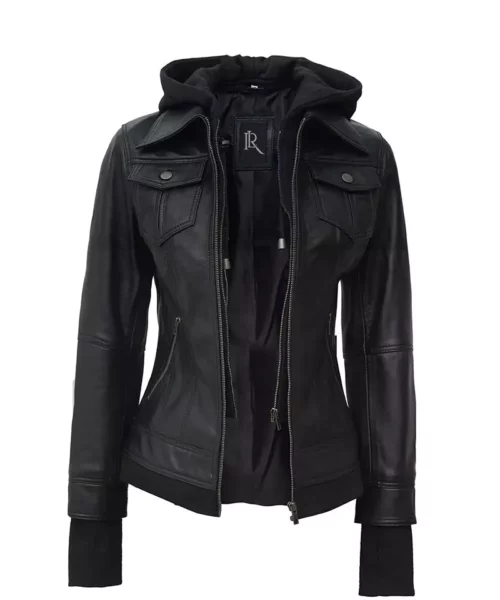 Women’s Black Real Leather Bomber Jacket With Removable Hood