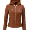 Women’s Brown Leather Bomber Jacket With Removable Hood