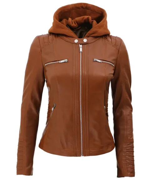 Women’s Brown Leather Bomber Jacket With Removable Hood