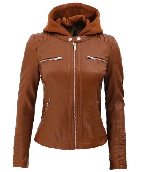 Women’s Brown Leather Bomber Jacket With Removable Hood