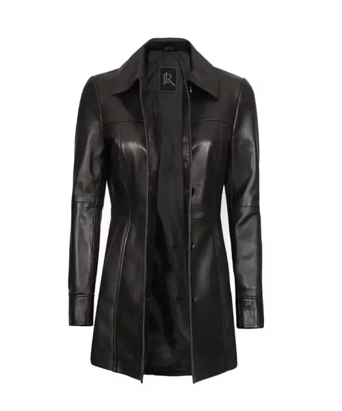 Womens Three Quarter Length Black Real Lambskin Leather Coat