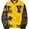 Embroidery Yellow And Black Embroidery Leather Varsity Jacket