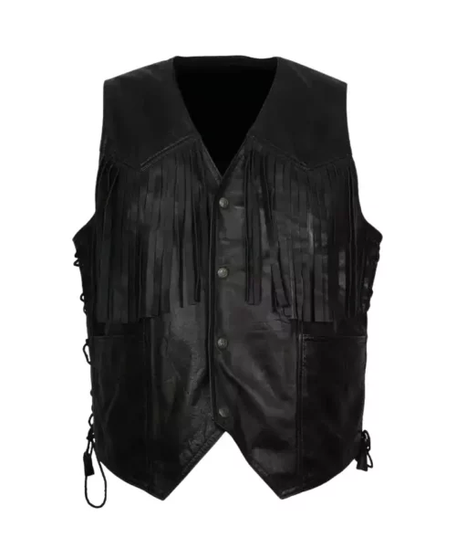 Men’s Western Cowboy Fringe Black Leather Vest