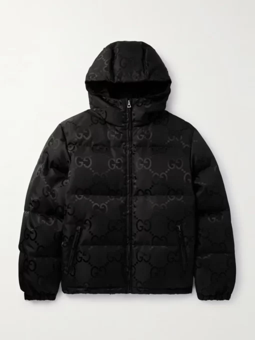 GUCCI Quilted Logo-Jacquard Shell Hooded Down Black Jacket