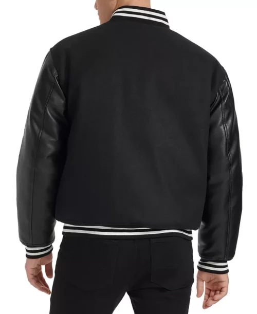 Men's Champion Logo-Patch Mixed-Media Varsity Jacket Black