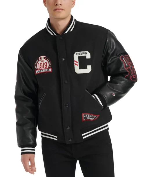Men's Champion Logo-Patch Mixed-Media Varsity Jacket Black