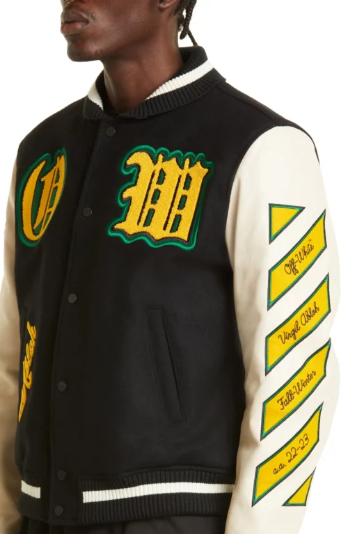 Men's Off-White Stretch Wool Blend & Leather Varsity Jacket