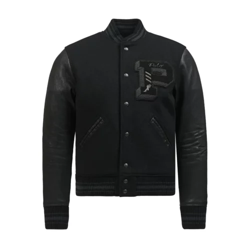 Mens Original Polo Ralph Lauren Label Broken Twill Varsity Jacket Black